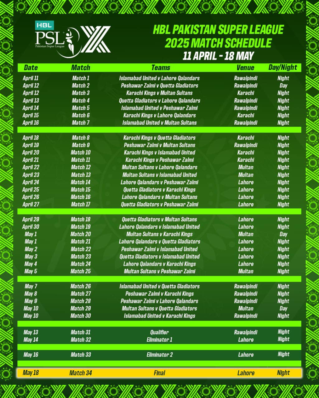 PSL 2025 Schedule